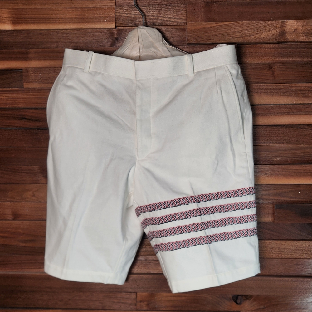 Thom Browne White and Red Flat Front Shorts